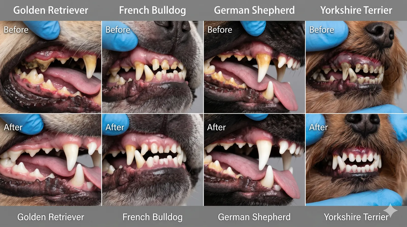 Before and after photo of a dog's teeth following a professional COHAT dental cleaning at Clix Family Hospitals in St. Louis — heavy tartar buildup on the left, clean polished teeth and healthy gums on the right.